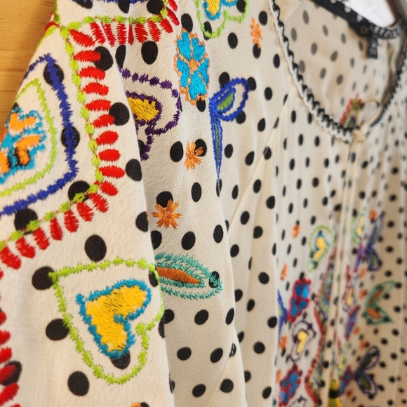 JOHN MARK EMBROIDERED SHORT SLEEVE COLORFUL PEASANT TOP BLOUSE TASSLE TIE MEDIUM - Picture 7 of 7